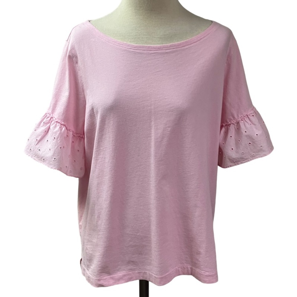J. CREW Feminine Summer basic Preppy Top Eyelet Ruffle Sleeve Large Light Pink